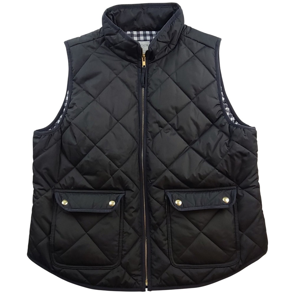 J. Crew Puffer Vest XL Black Quilted Gingham Lining Snap Pockets AP678